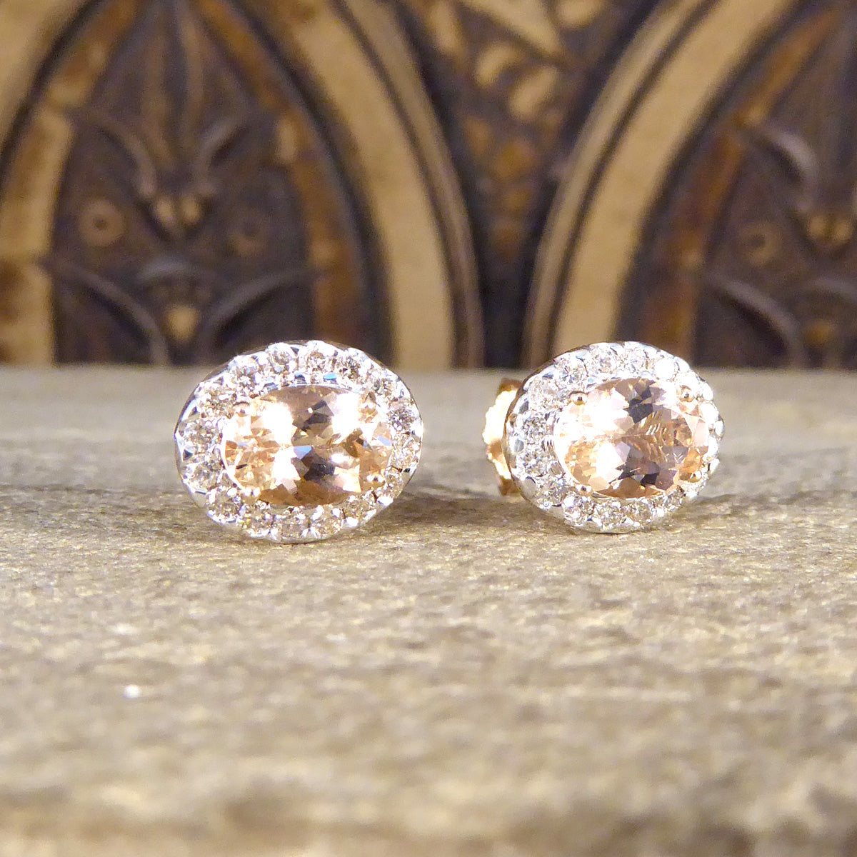 Morganite and Diamond Cluster Earring in Rose Gold - Wharfedale Antiques