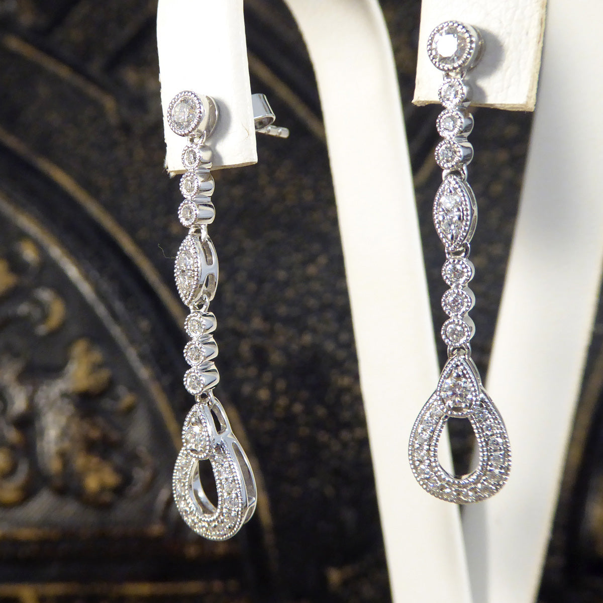 Diamond Set Pear Detailed Drop Earrings in White Gold - Wharfedale Antiques