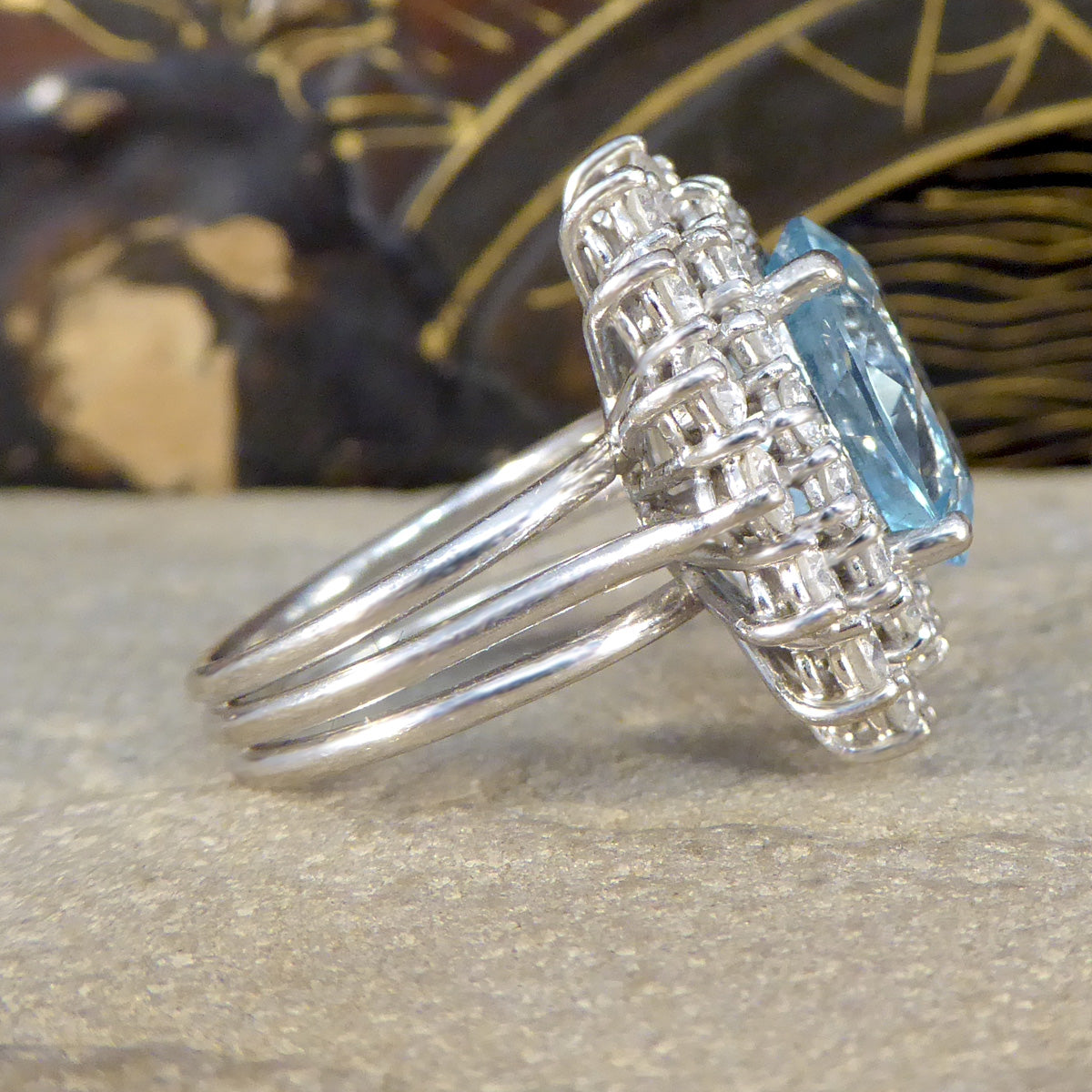 4.30ct Aquamarine and Diamond Double Cluster Ring in 18ct White Gold - Wharfedale Antiques