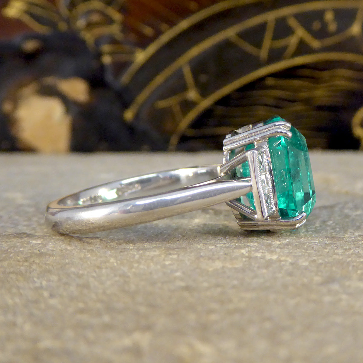 Bright 6.19ct Octagonal Cut Columbian Emerald and Diamond Ring in Platinum with Gem Cert - Wharfedale Antiques