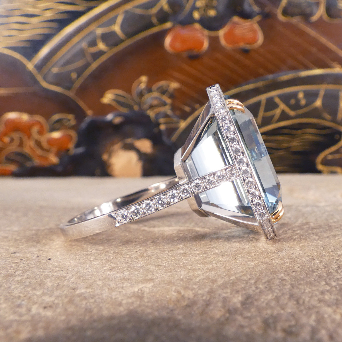 Large Aquamarine and Diamond Halo Ring with Diamond set Shoulders in Platinum - Wharfedale Antiques