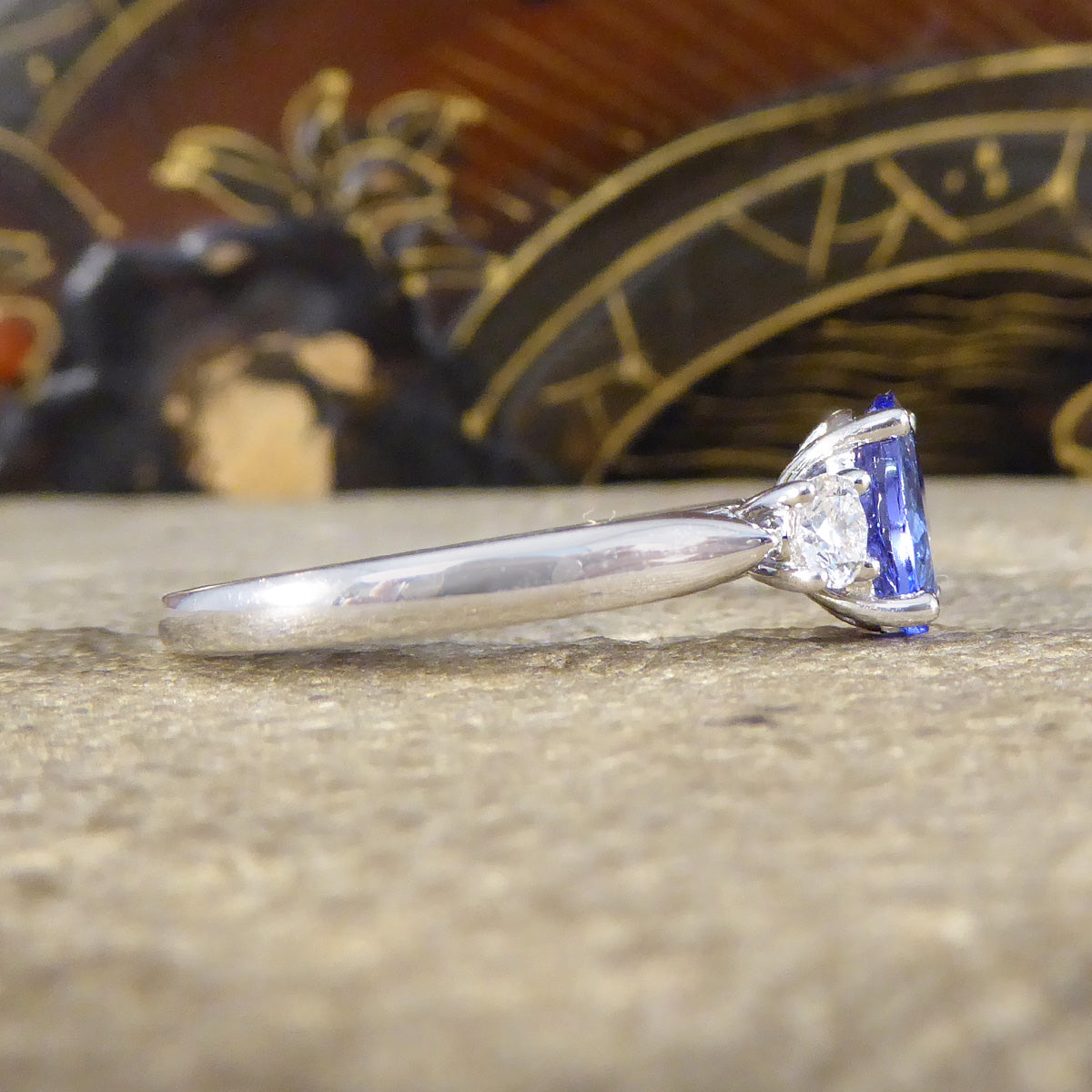 Tanzanite and Diamond Three Stone Ring in 18ct White Gold - Wharfedale Antiques