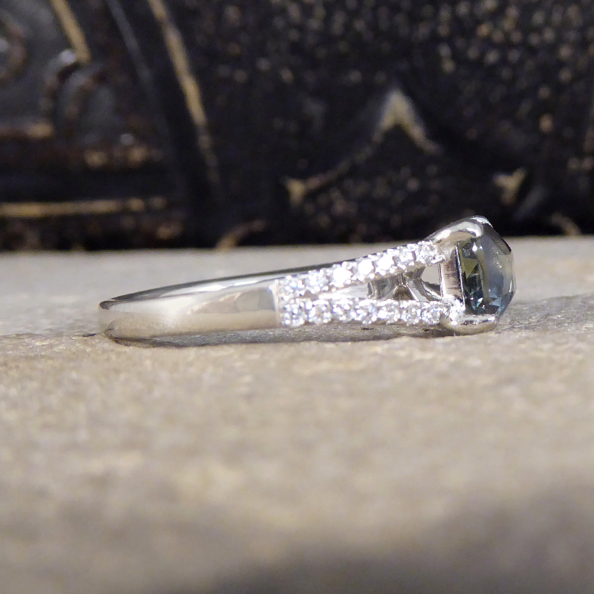 Teal Sapphire and Diamond set Split Shoulders in Platinum - Wharfedale Antiques
