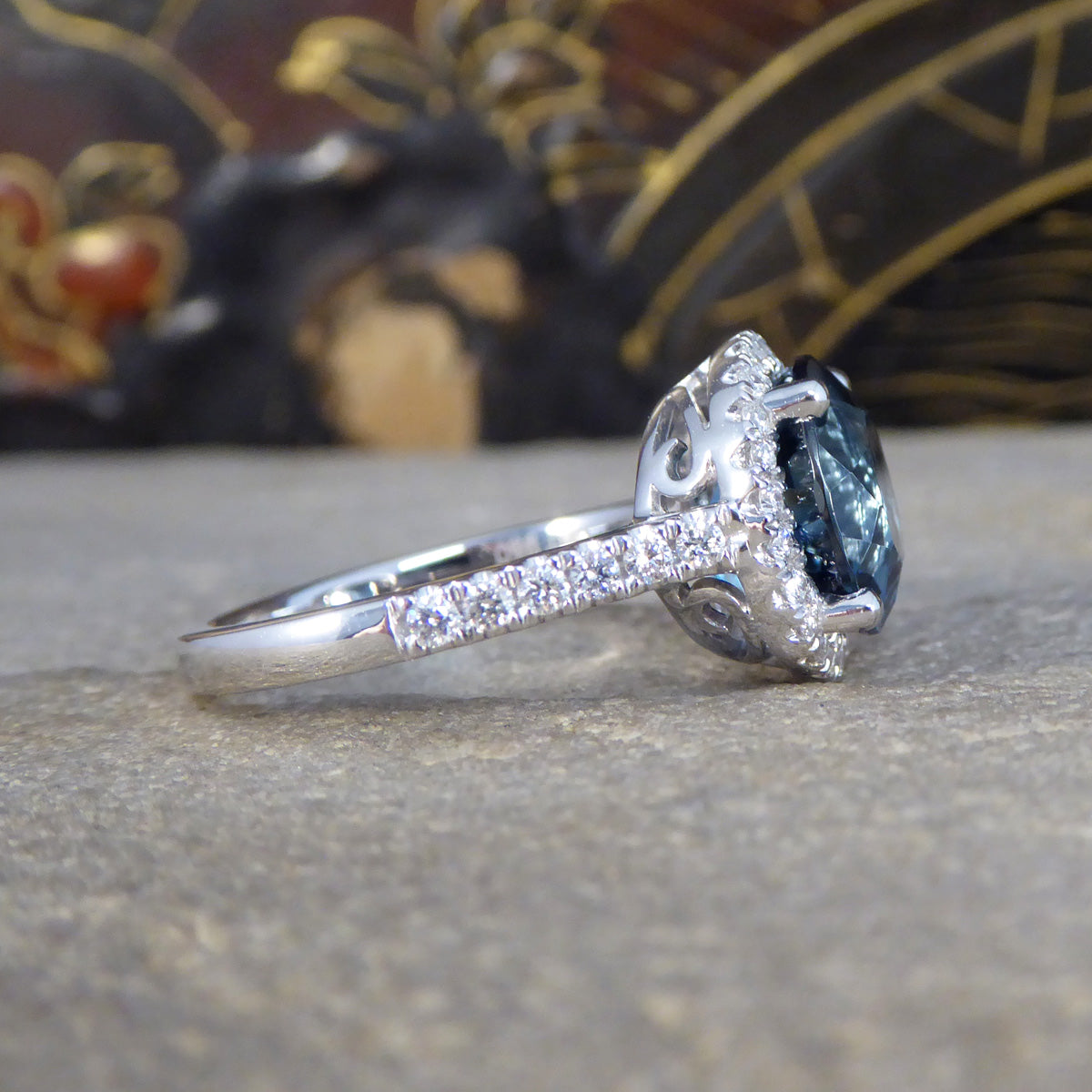 London Blue Topaz and Diamond Halo Cluster Ring in Platinum with Diamond set Shoulders - Wharfedale Antiques