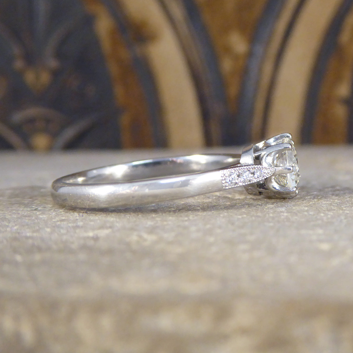 0.53ct Old Cut Diamond Solitaire with Diamond Shoulders in Platinum - Wharfedale Antiques
