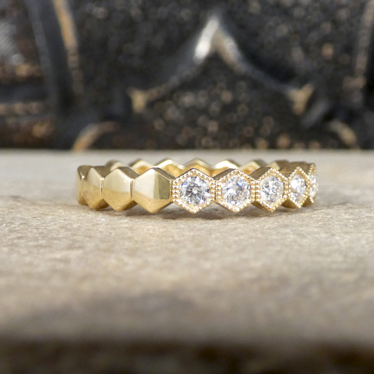 Side view of Honeycomb Diamond Half Eternity Ring in 18ct Yellow Gold 
