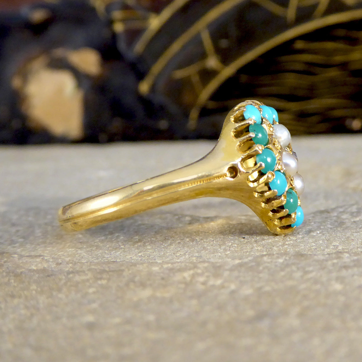 Victorian Heart Shaped Turquoise Seed Pearl and Diamond Cluster Ring in 18ct Yellow Gold - Wharfedale Antiques