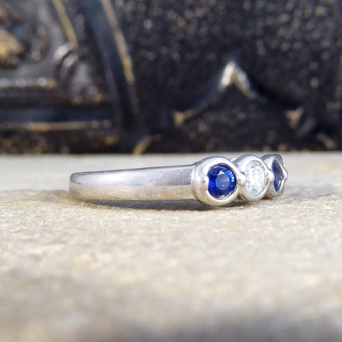 Sapphire and Diamond Bezel set Ring in 18ct White Gold - Wharfedale Antiques