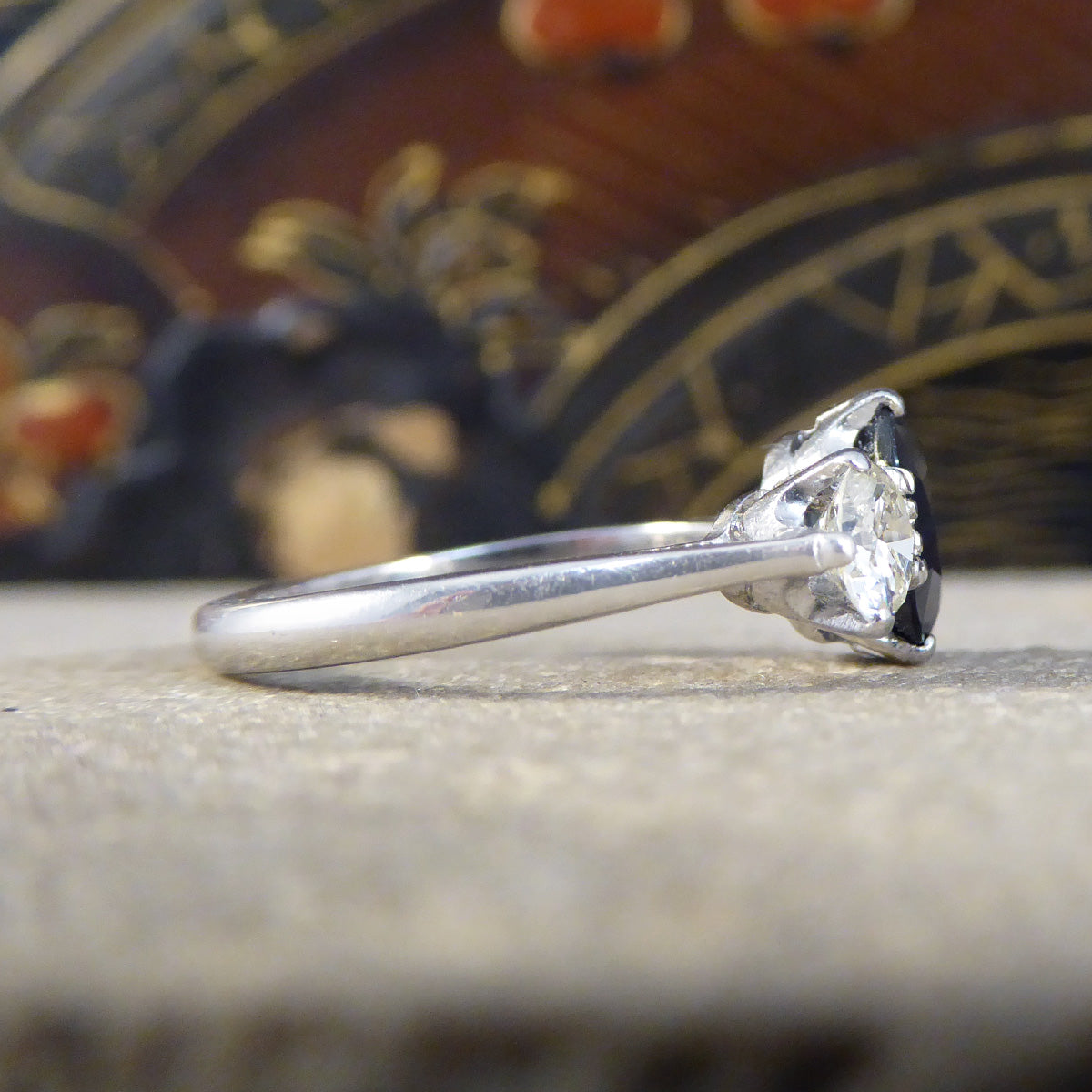 C1920s Deep Sapphire and Diamond Trilogy Ring in 18ct White Gold and Platinum - Wharfedale Antiques