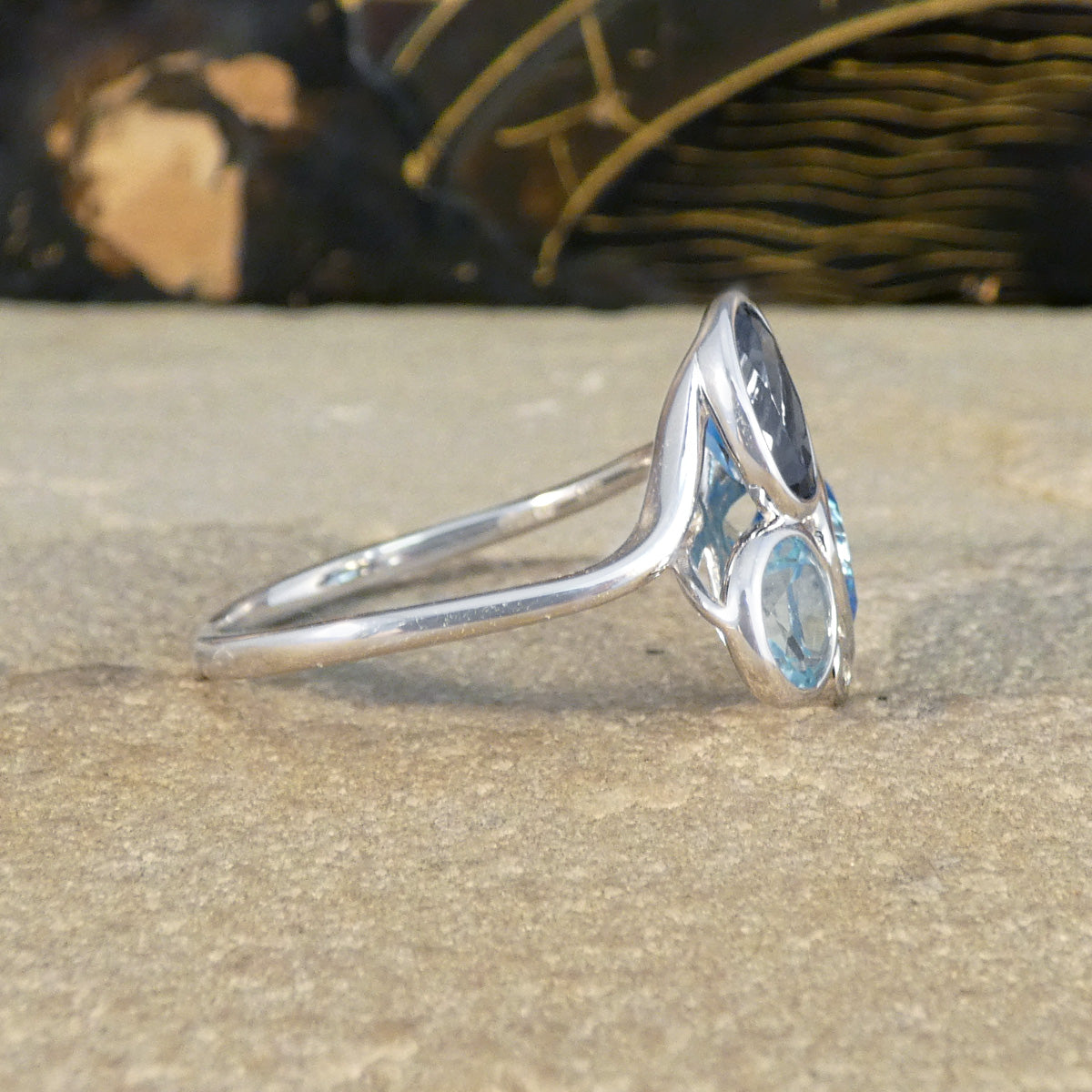 Trio of Blue Topaz and Diamond Cocktail Ring in White Gold - Wharfedale Antiques