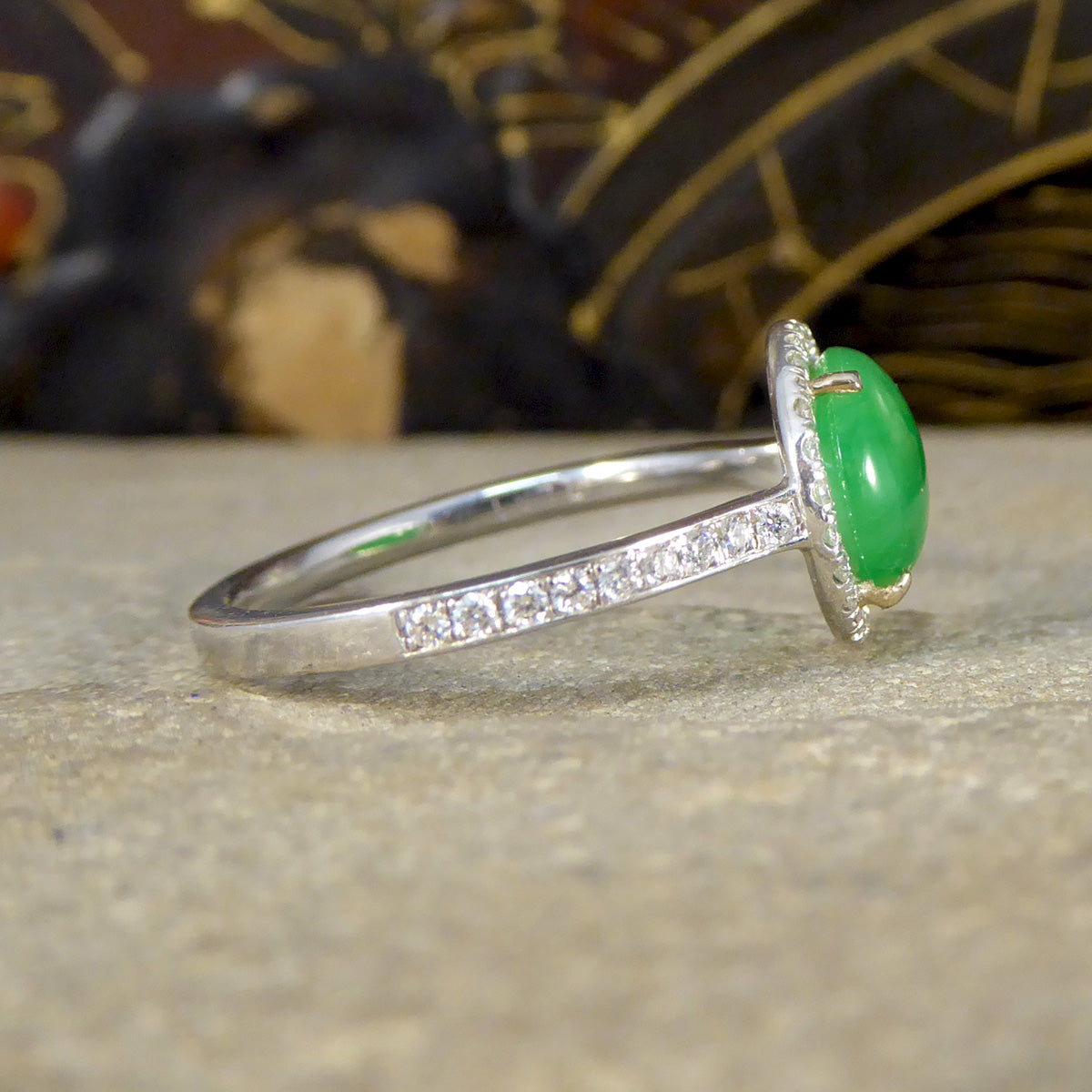 Jade and Diamond Halo Cluster ring in Platinum - Wharfedale Antiques