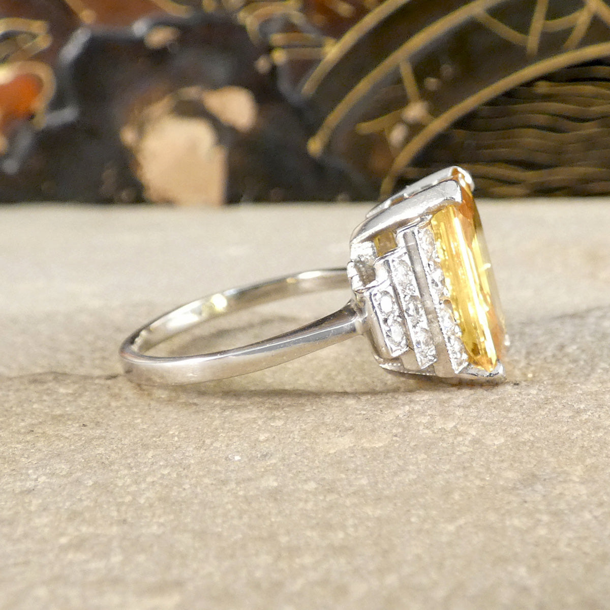 Yellow Sapphire and Diamond Art Deco style cocktail ring in Platinum