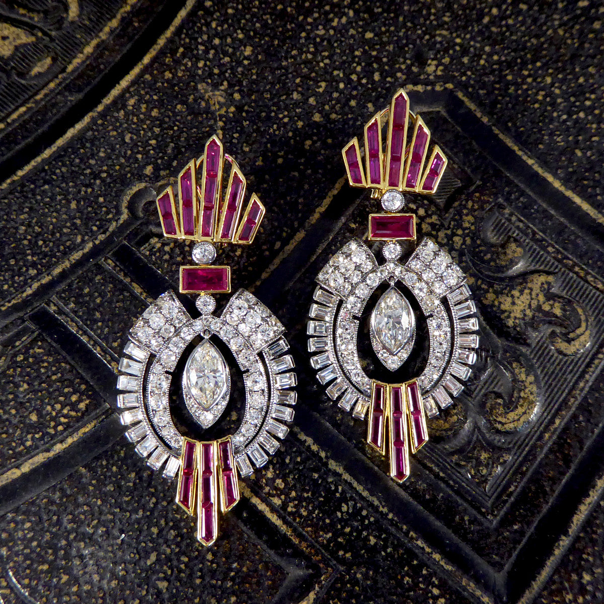 1960's Ruby and Diamond Drop Cocktail Dress Earrings in 18ct Gold and Platinum - Wharfedale Antiques