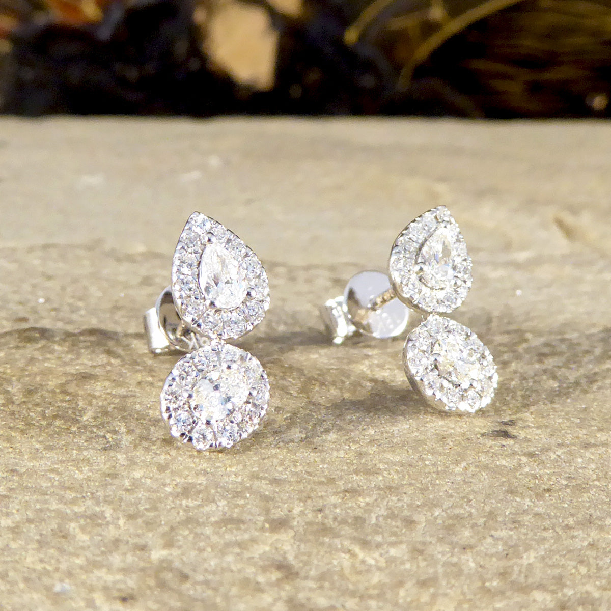 Diamond Pear and Oval Double Cluster Stud Earrings in 18ct White Gold - Wharfedale Antiques