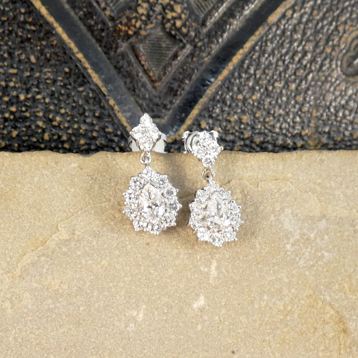 1.40ct Diamond Pear Cut Cluster Drop Earrings in 18ct White Gold - Wharfedale Antiques