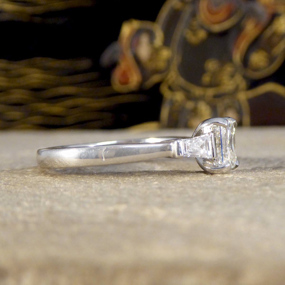 Radiant Cut Diamond Ring with Tapered Baguette Shoulder in Platinum - Wharfedale Antiques