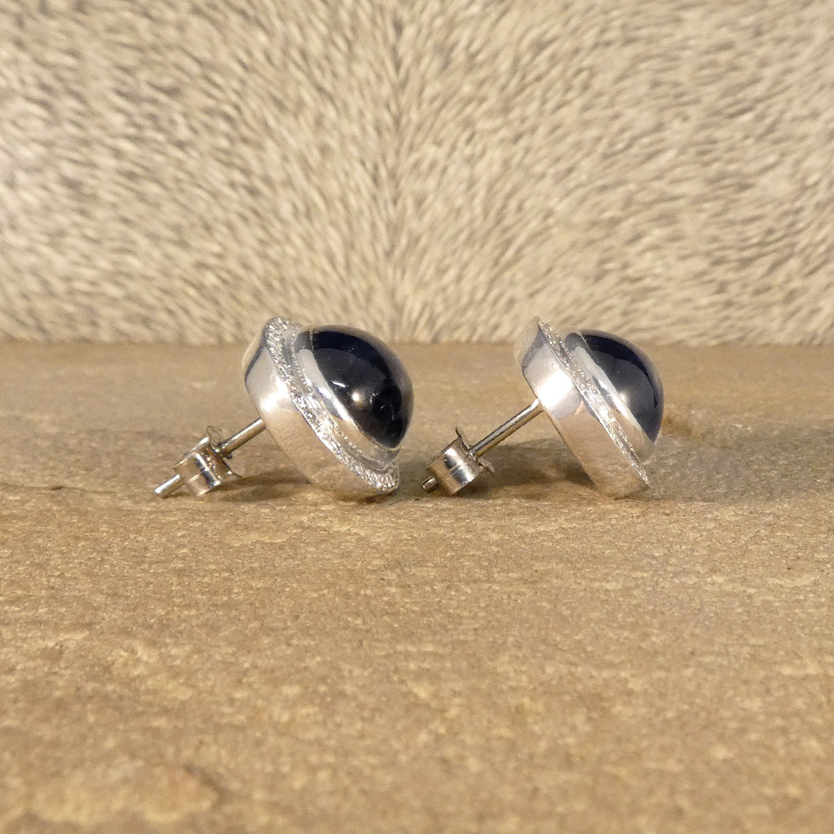 Cabochon Sapphire and Diamond Cluster Stud Earrings 18ct White Gold - Wharfedale Antiques