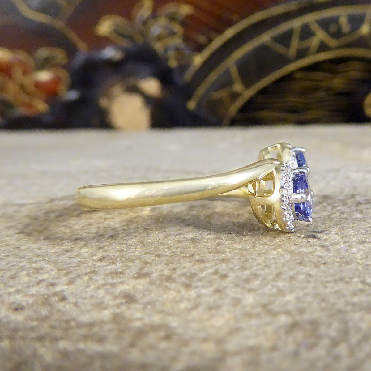 Edwardian Style Tanzanite and Diamond Cluster Toi Et Moi Twist Ring in Yellow and White Gold - Wharfedale Antiques