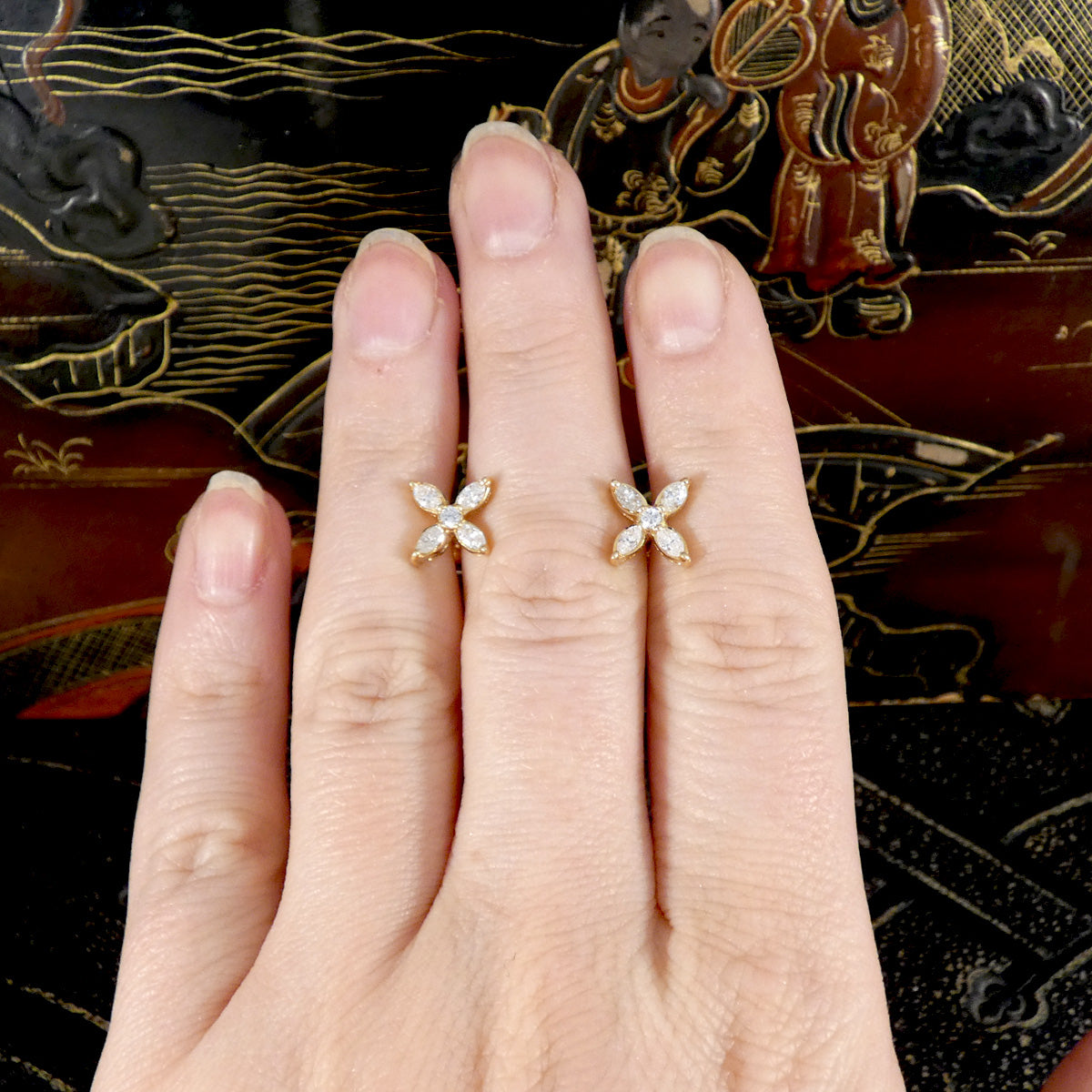 Marquise Diamond Set Cross Stud Earrings in 18ct Yellow Gold - Wharfedale Antiques