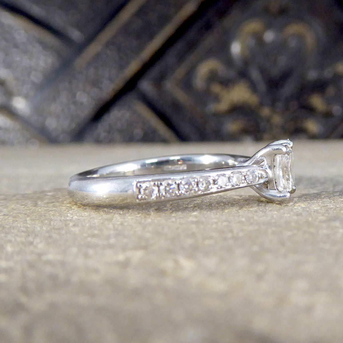 Princess Cut Diamond Engagement Ring with Diamond Set Shoulders in Platinum - Wharfedale Antiques