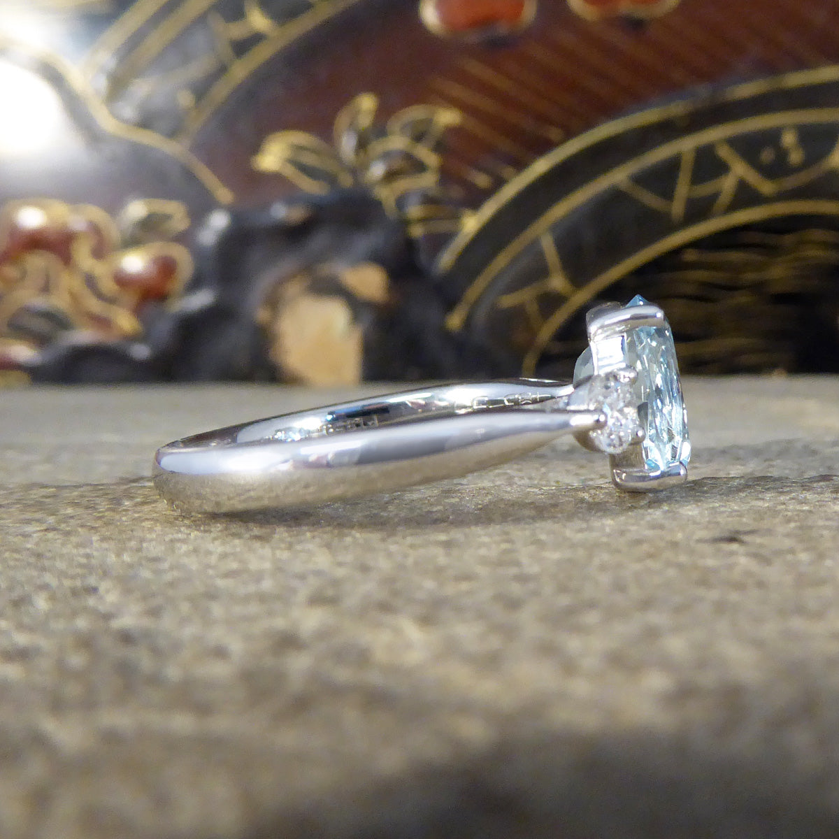 Classic 1.93ct Oval Cut Aquamarine and Diamond Three Stone Ring in Platinum - Wharfedale Antiques