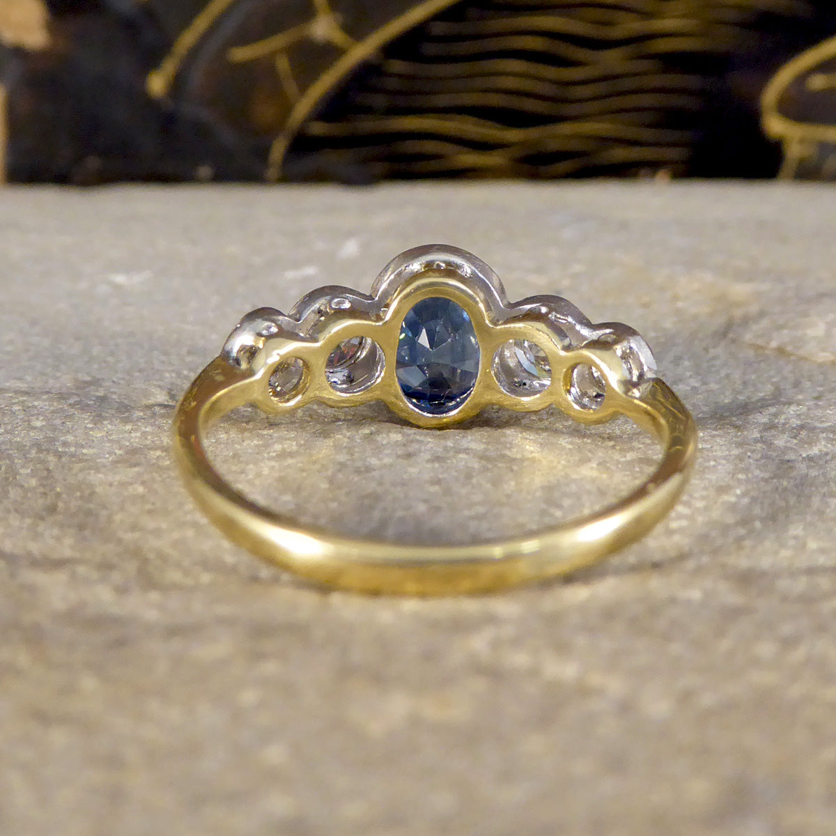 Edwardian Sapphire and Diamond Bezel Set Five Stone Ring in 18ct White and Yellow Gold - Wharfedale Antiques
