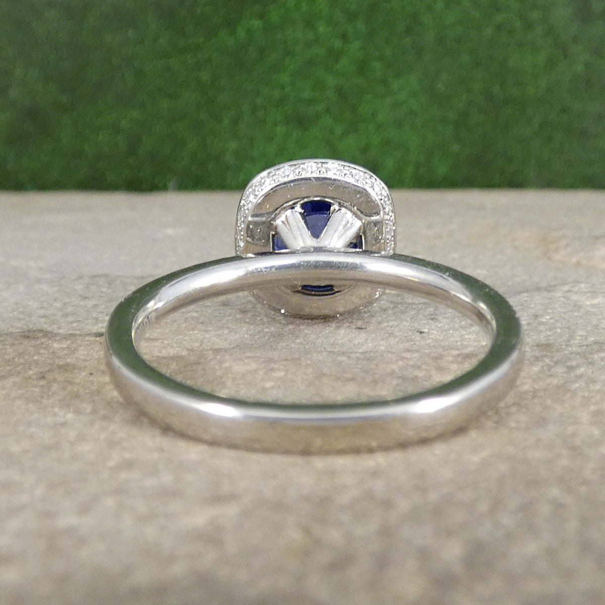 Sapphire and Diamond Halo Cluster Ring in Platinum shown form the back