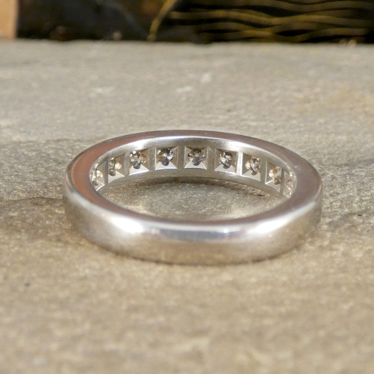 back view of diamond channel set ring