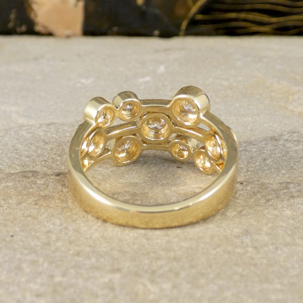 back of Diamond Set bubble style ring in yellow gold.