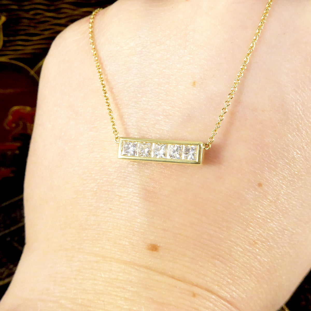 Princess Cut Diamond Bar Necklace in 18ct Yellow Gold - Wharfedale Antiques
