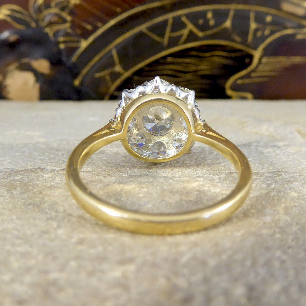 Edwardian Style 1.85ct Old Cut Diamond Daisy Cluster Ring in 18ct Yellow Gold - Wharfedale Antiques