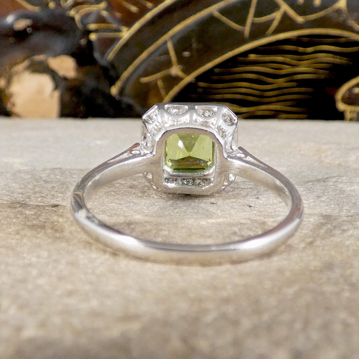 Back view of Art Deco Style Peridot and Diamond Cluster Ring in Platinum.
