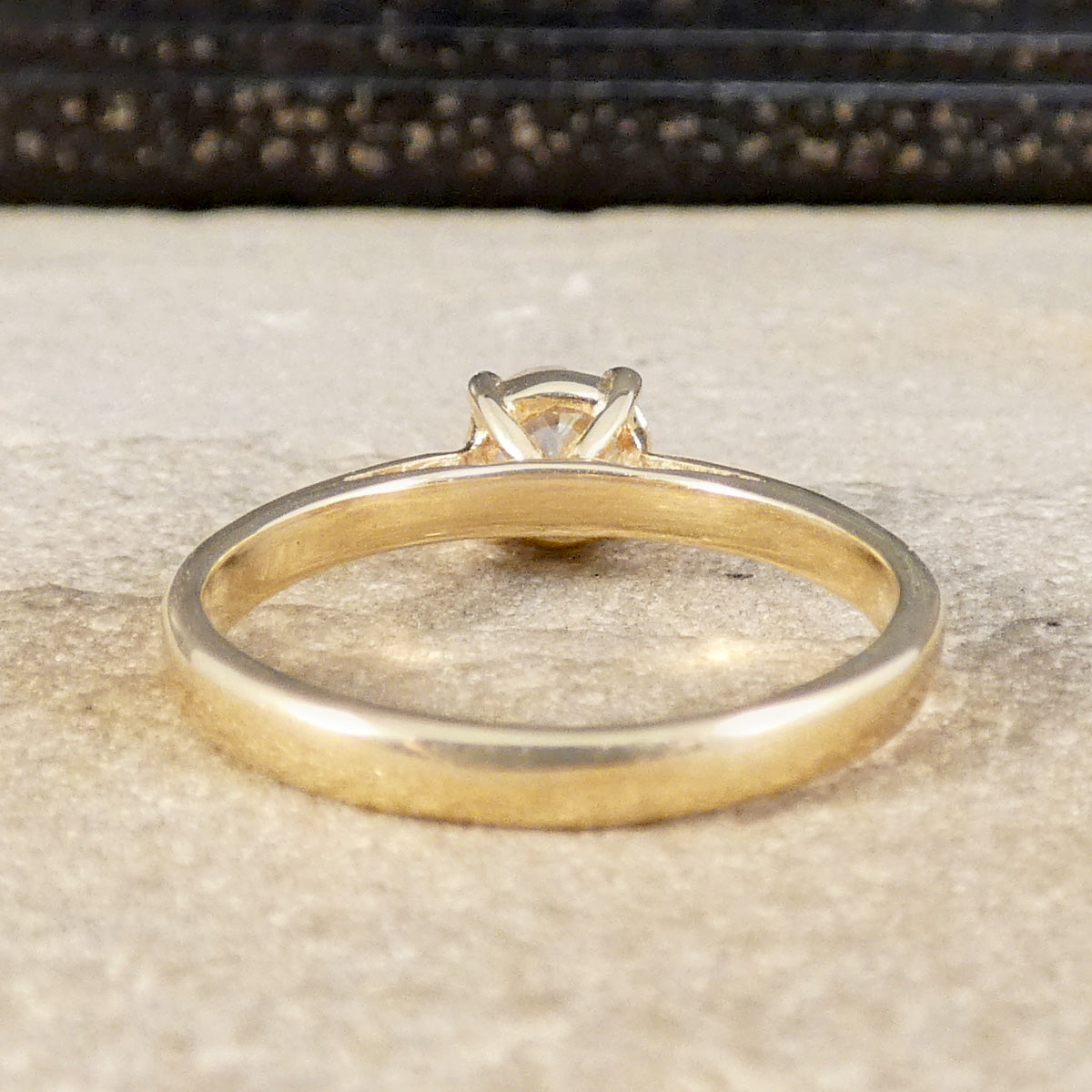Back view of Old European Cut Diamond Solitaire Engagement Ring in Yellow Gold showing polished and and open setting and wedfit design.