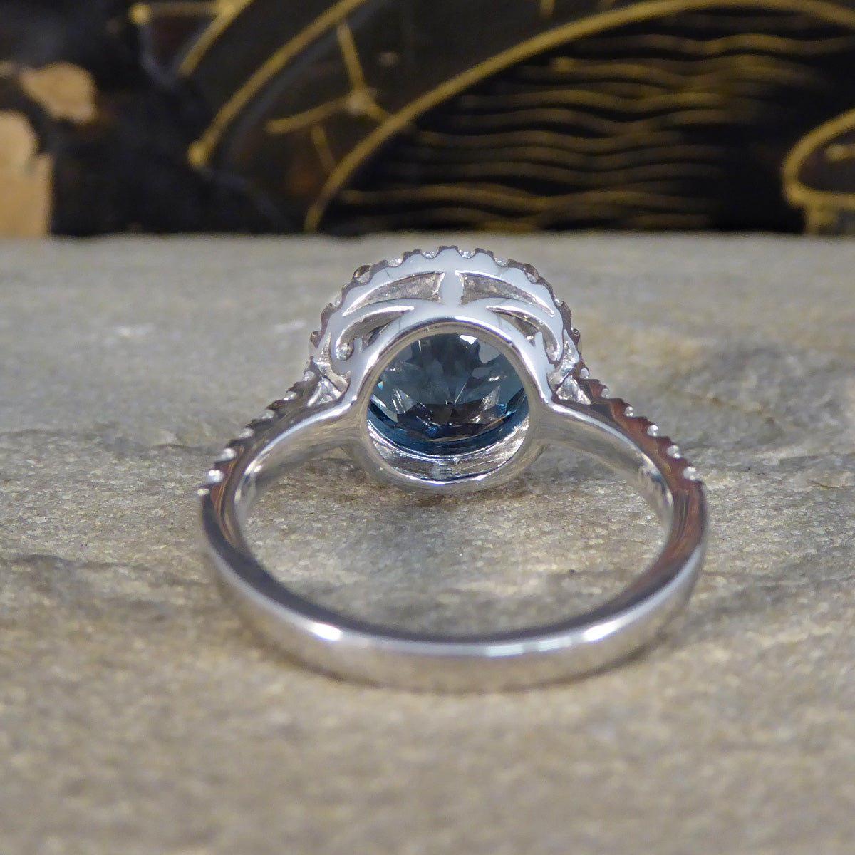 London Blue Topaz and Diamond Halo Cluster Ring in Platinum with Diamond set Shoulders - Wharfedale Antiques