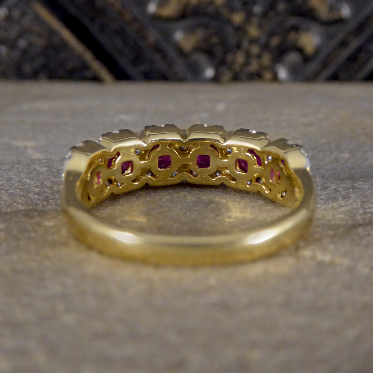 Ruby and Diamond Sextuple Cluster Ring in 18ct Yellow and White Gold - Wharfedale Antiques
