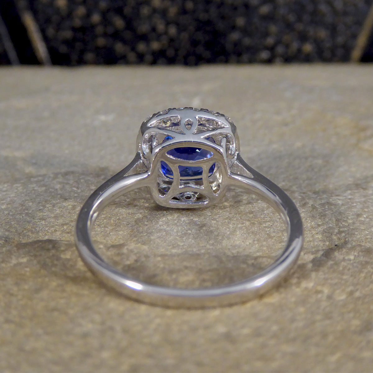 Cushion Cut Tanzanite and Diamond Cluster Ring in White Gold - Wharfedale Antiques