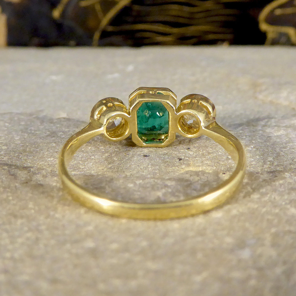 Emerald and Diamond Bezel Set Three Stone Ring in 18ct Yellow Gold and Platinum - Wharfedale Antiques