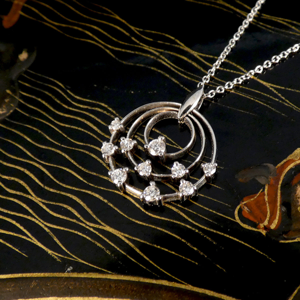 Diamond set Circle Trio Pendant Necklace in 18ct White Gold - Wharfedale Antiques