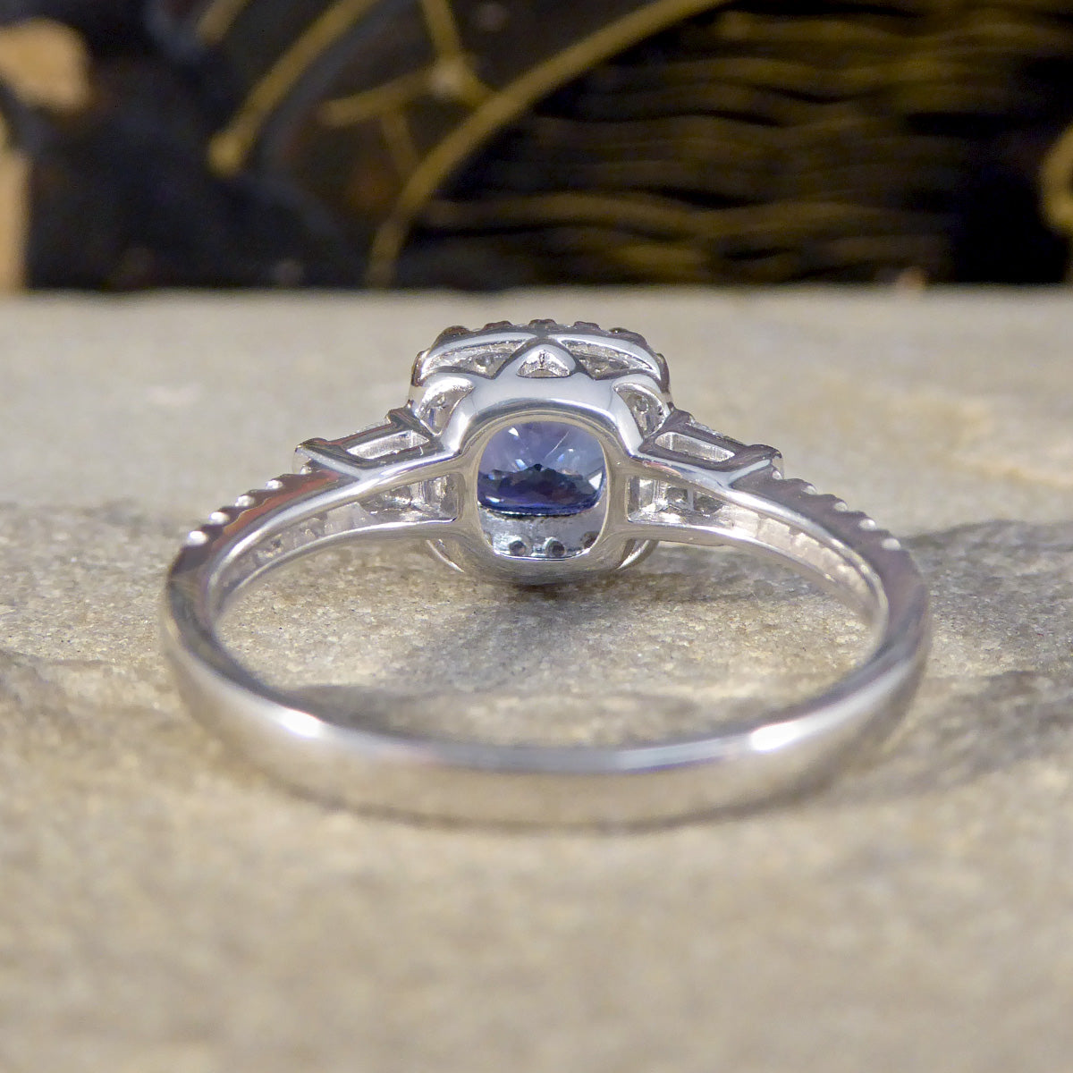 Cushion Cut Tanzanite and Diamond Cluster Ring with Tapered Baguette Shoulders in Platinum - Wharfedale Antiques