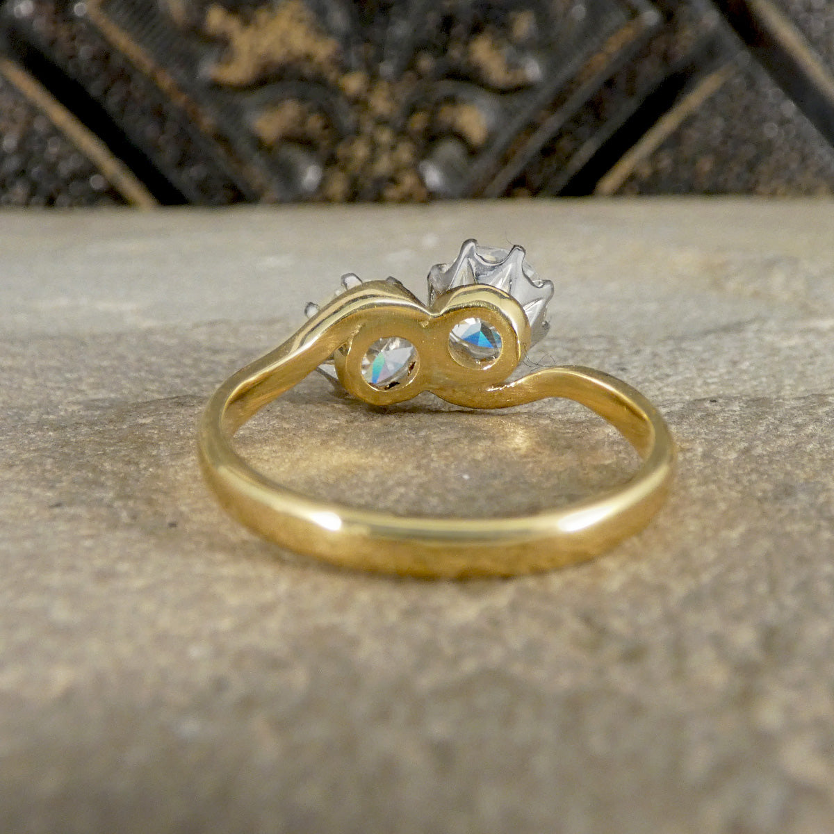 back view of diamond two stone ring.