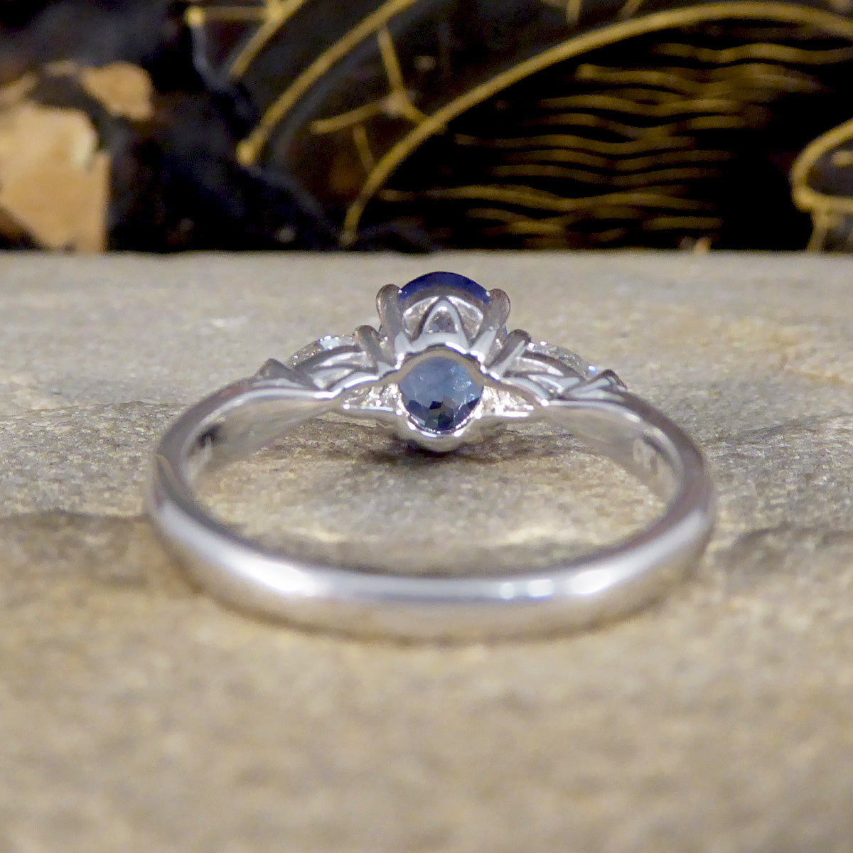 Oval Tanzanite and Pear Cut Diamond Three Stone Ring in Platinum - Wharfedale Antiques