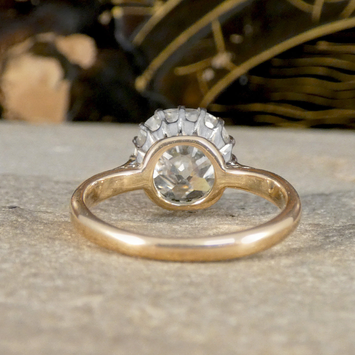 Back view of an Old Cushion shaped Mine cut diamond solitaire ring. 