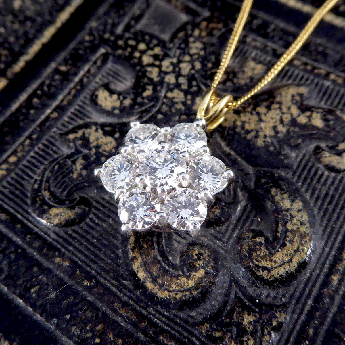 2.30ct Diamond Daisy Cluster Pendant Necklace in 18ct White and Yellow Gold - Wharfedale Antiques