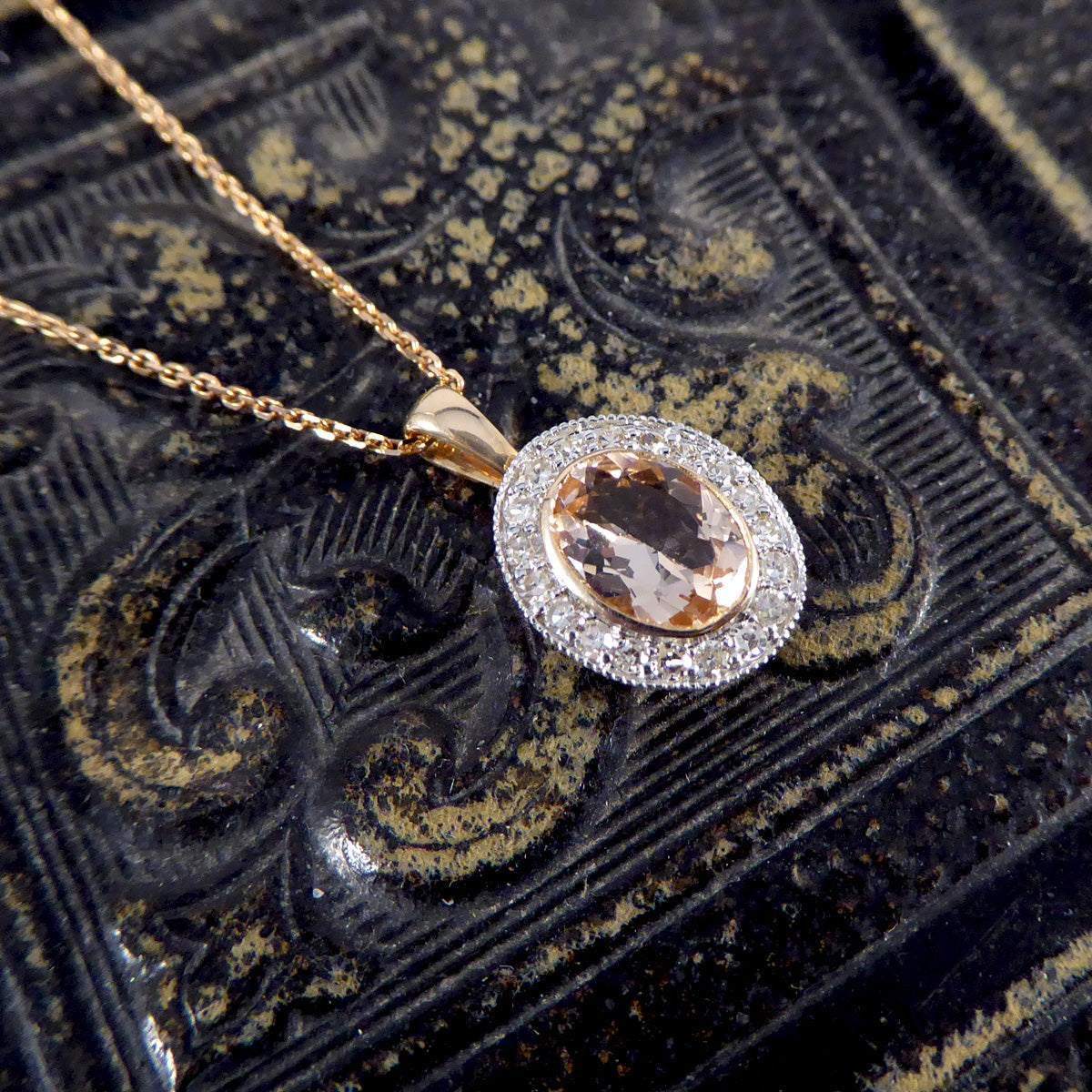 Morganite and Diamond Halo Cluster Pendant Necklace in White and Rose Gold - Wharfedale Antiques