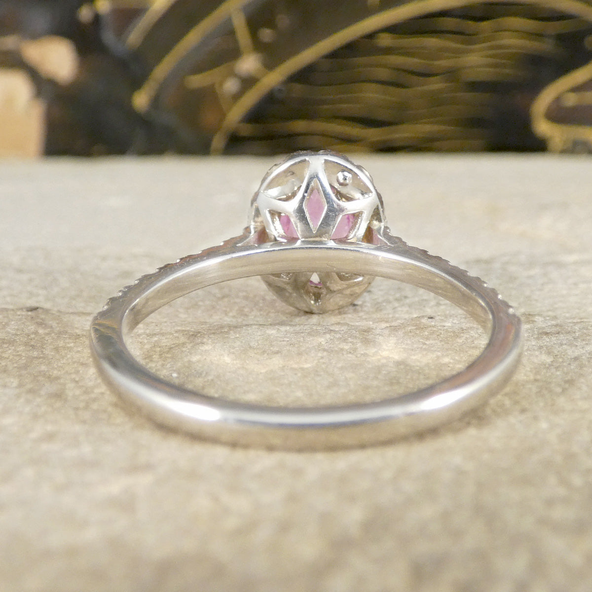 Pink Sapphire and Diamond Cluster Wedfit Ring with Diamond Shoulders in Platinum