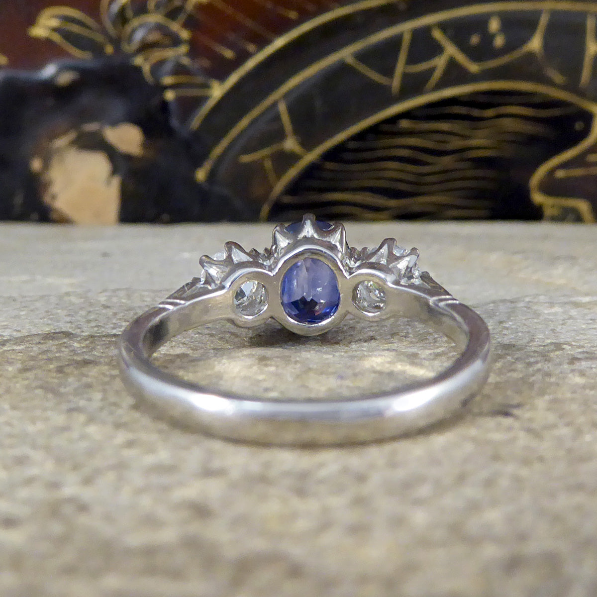 1.50ct Sapphire and 0.55ct Diamond Three Stone Ring in Platinum - Wharfedale Antiques