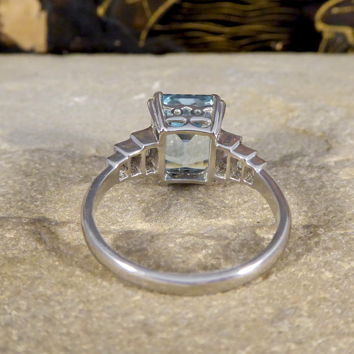 Art Deco Inspired 3.30ct Aquamarine and Diamond Staged Ring in Platinum - Wharfedale Antiques