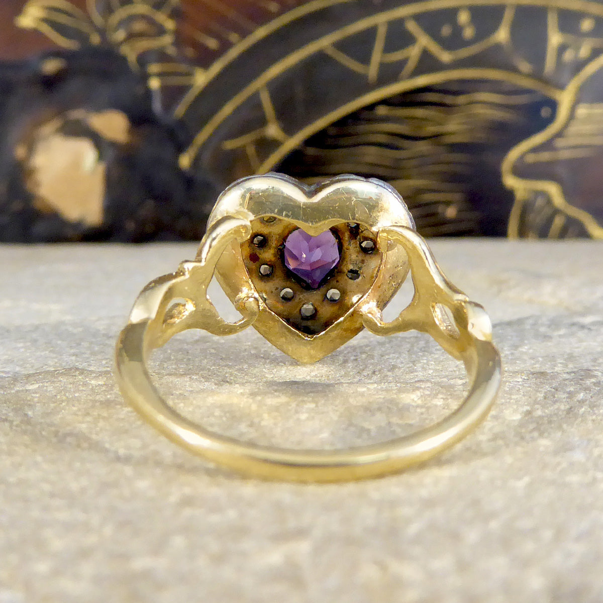 Early Victorian Style Amethyst and Rose Cut Diamond Heart Ring in 18ct Gold - Wharfedale Antiques