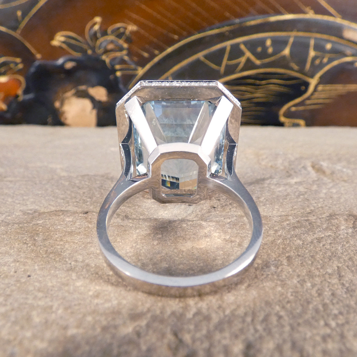 Large Aquamarine and Diamond Halo Ring with Diamond set Shoulders in Platinum - Wharfedale Antiques