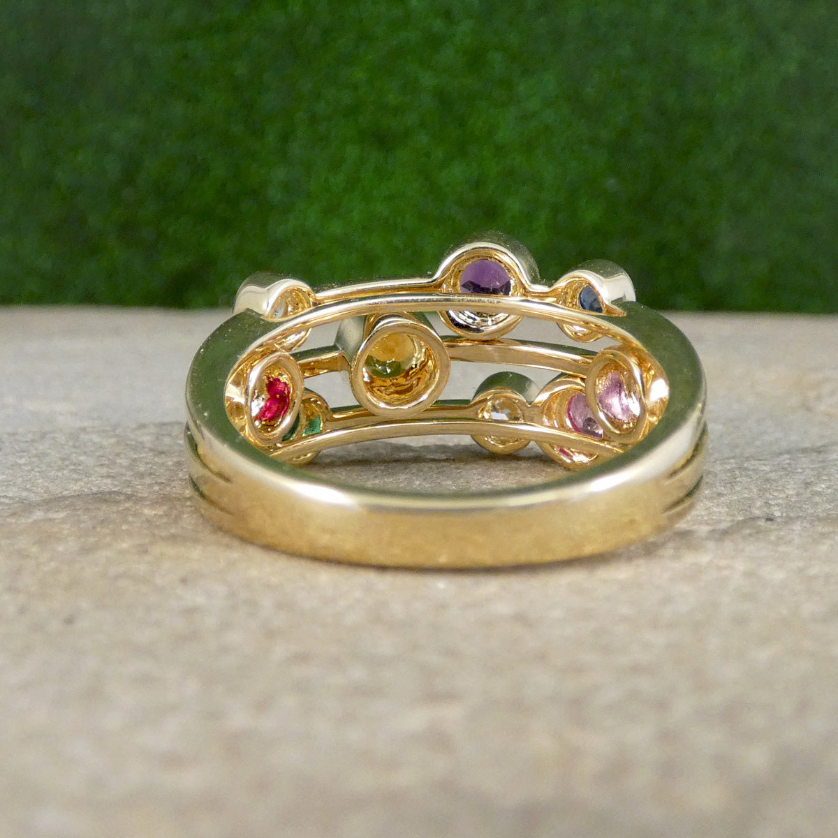 back view of Multi Gem set bubble ring in yellow gold